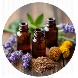 Bottles of essential oils with botanicals